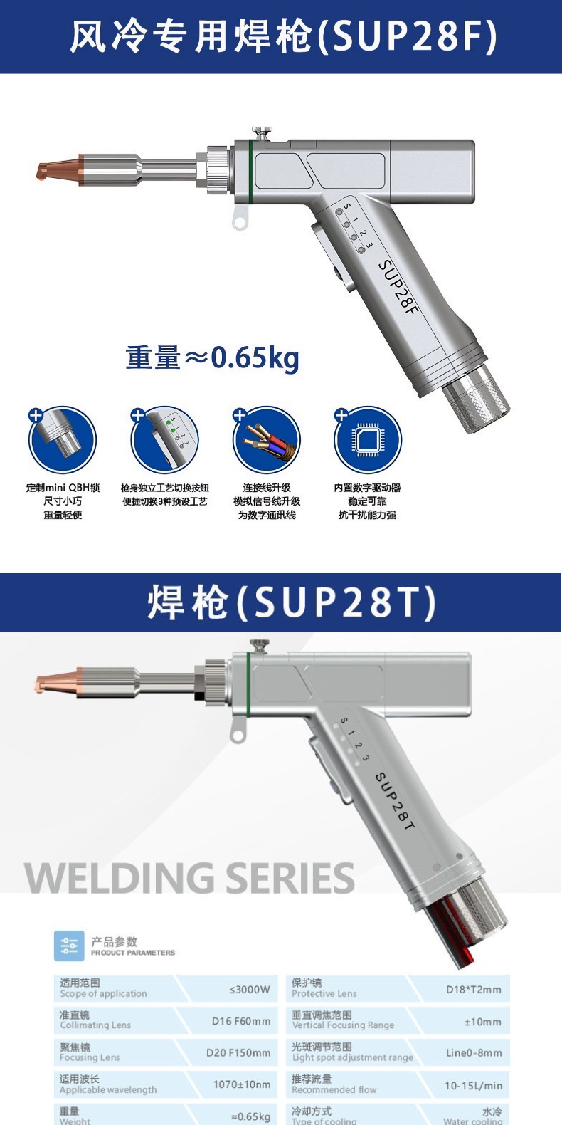 激光焊机配件超强伟业SUP28F/28T手持激光焊枪风冷水冷小型焊接头