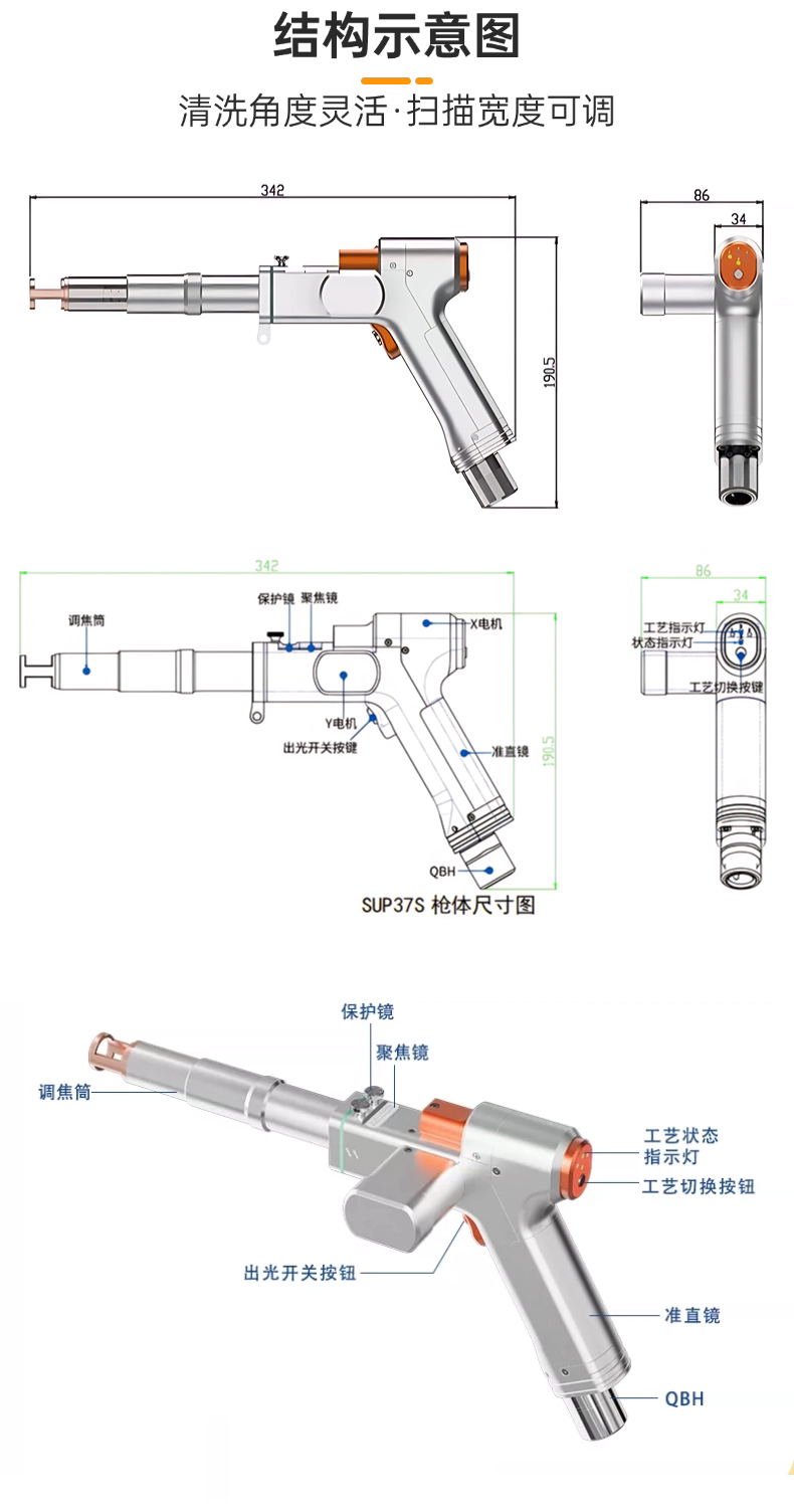 SUP37S 五合一双摆焊接头 3000W 储能焊清洗切割多功能激光焊接头
